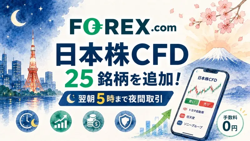 FOREX.com、日本株CFD25銘柄を追加　翌朝5時まで夜間取引