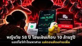หญิงวัย 58 ปี โอนเงินเกือบ 10 ล้านรูปี แอปโชว์กำไรมหาศาล แต่ถอนต้องจ่ายเพิ่ม
